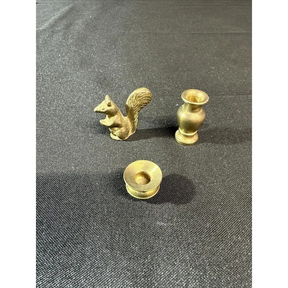 Miniature Brass Dollhouse Decor Lot 3 Squirrel Vase Candle Holder Collectibles